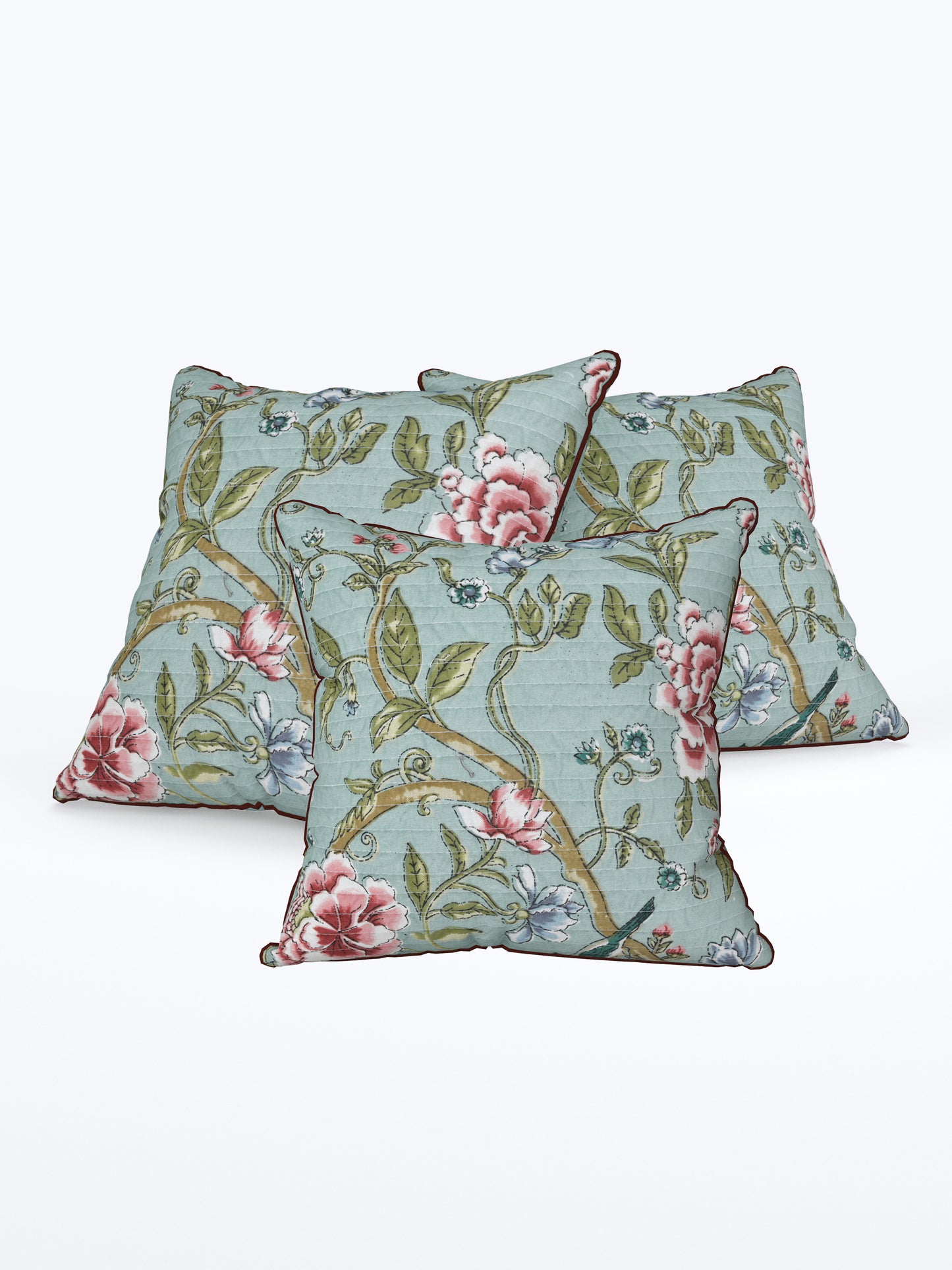 Teal Phoolvalli Anokhi Cotton Cushion Covers - 16x16 Inches