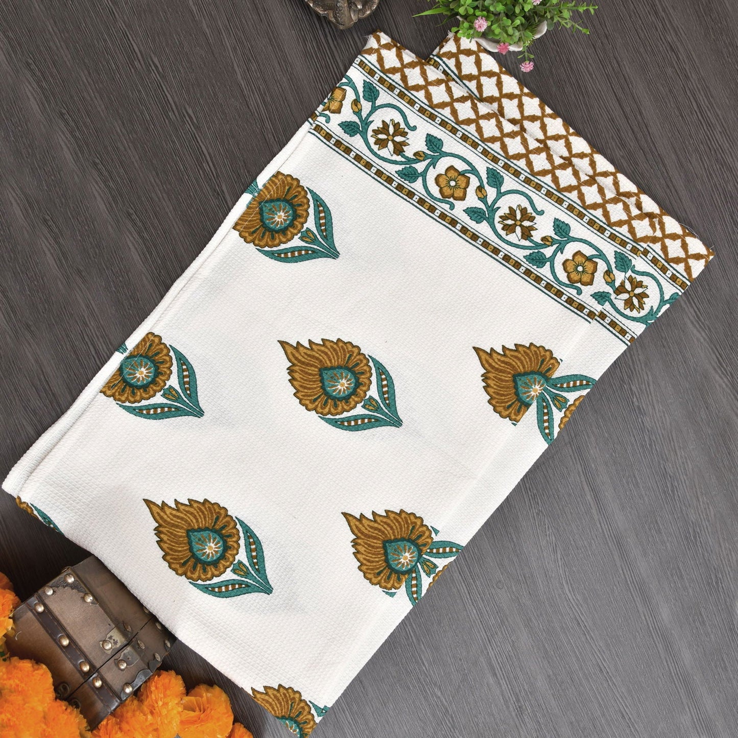 Turquoise Leaf Waffle Towel Set