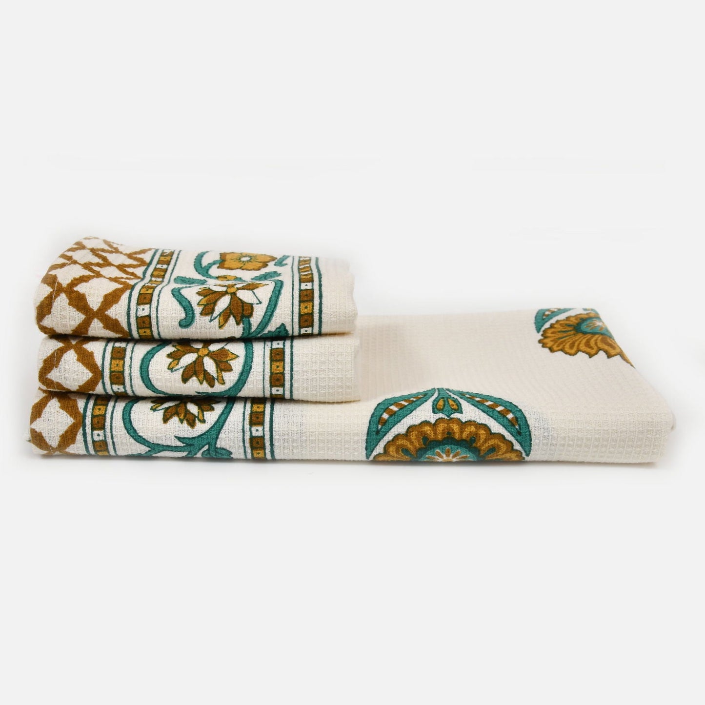 Turquoise Leaf Waffle Towel Set