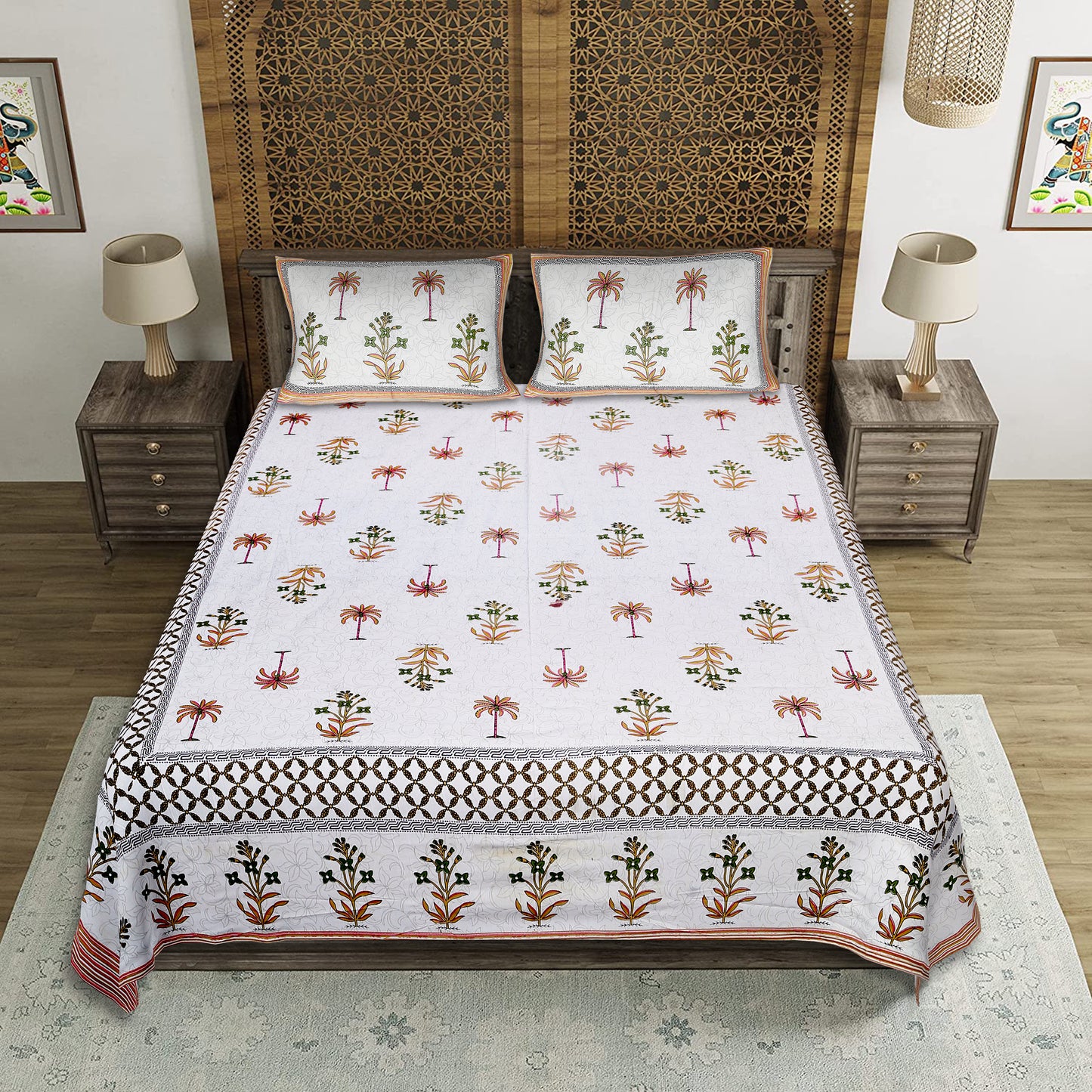 Blossom Bazaar – Premium Cotton Jaipuri Printed Double Bedsheet with 2 Pillow Covers