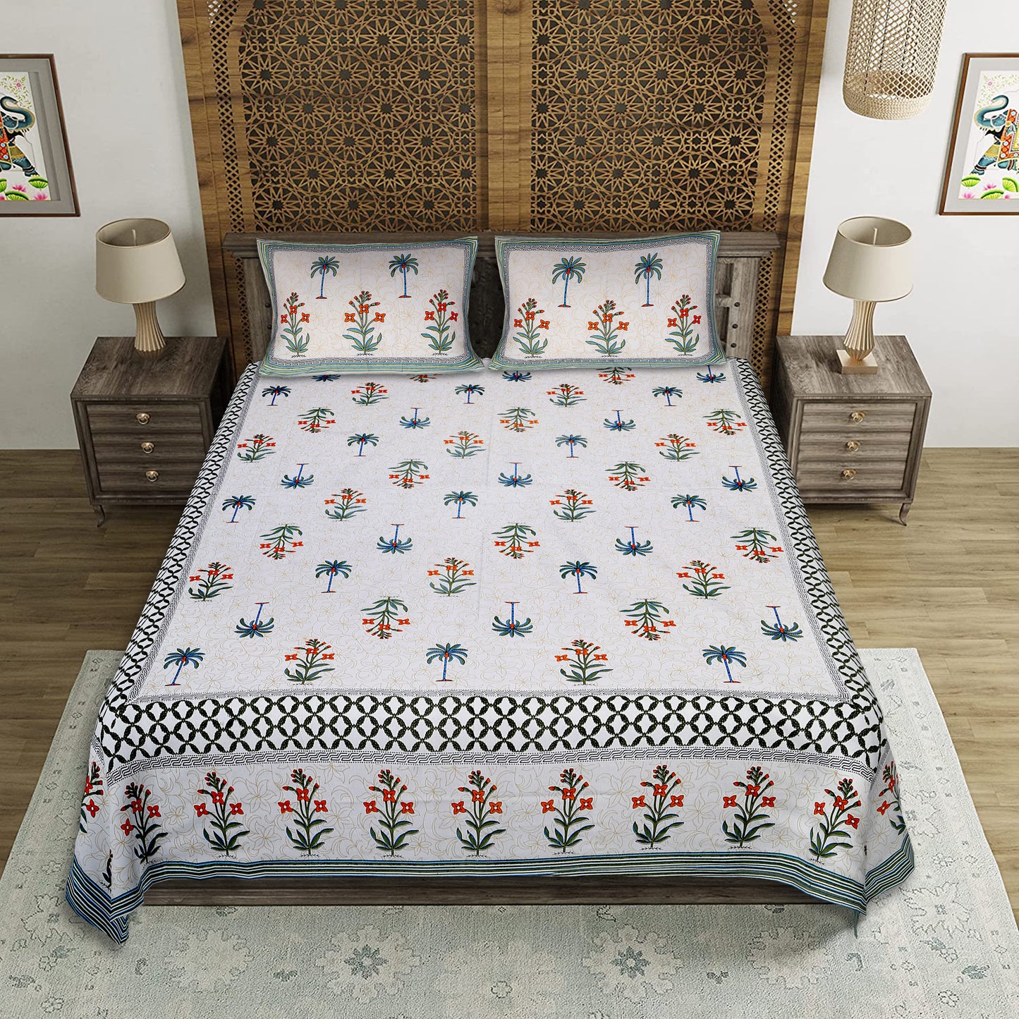 Banyan Bliss – Premium Cotton Jaipuri Printed Double Bedsheet with 2 Pillow Covers