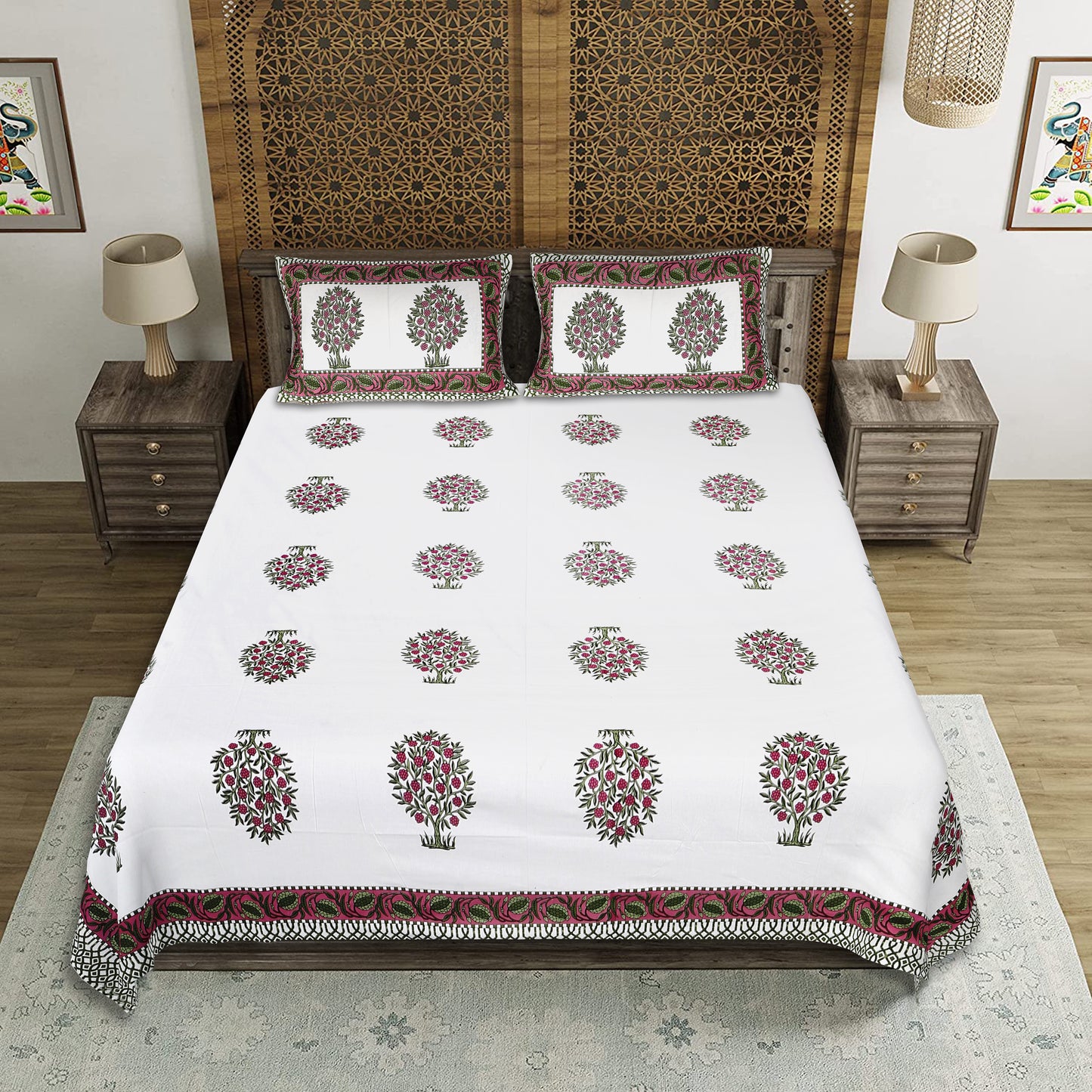 Rosewood Vibes – Premium Cotton Jaipuri Printed Double Bedsheet with 2 Pillow Covers