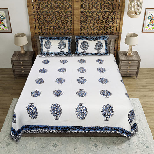 Indigo Symphony – Premium Cotton Jaipuri Printed Double Bedsheet with 2 Pillow Covers