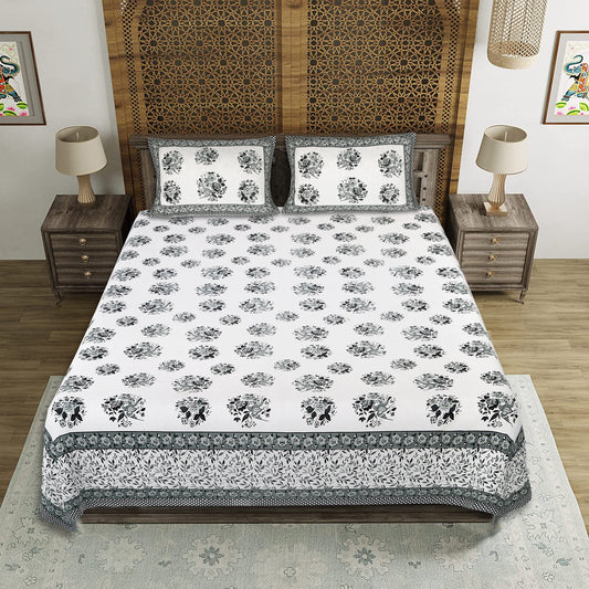 Emerald Ethnic – Premium Cotton Jaipuri Printed Double Bedsheet with 2 Pillow Covers