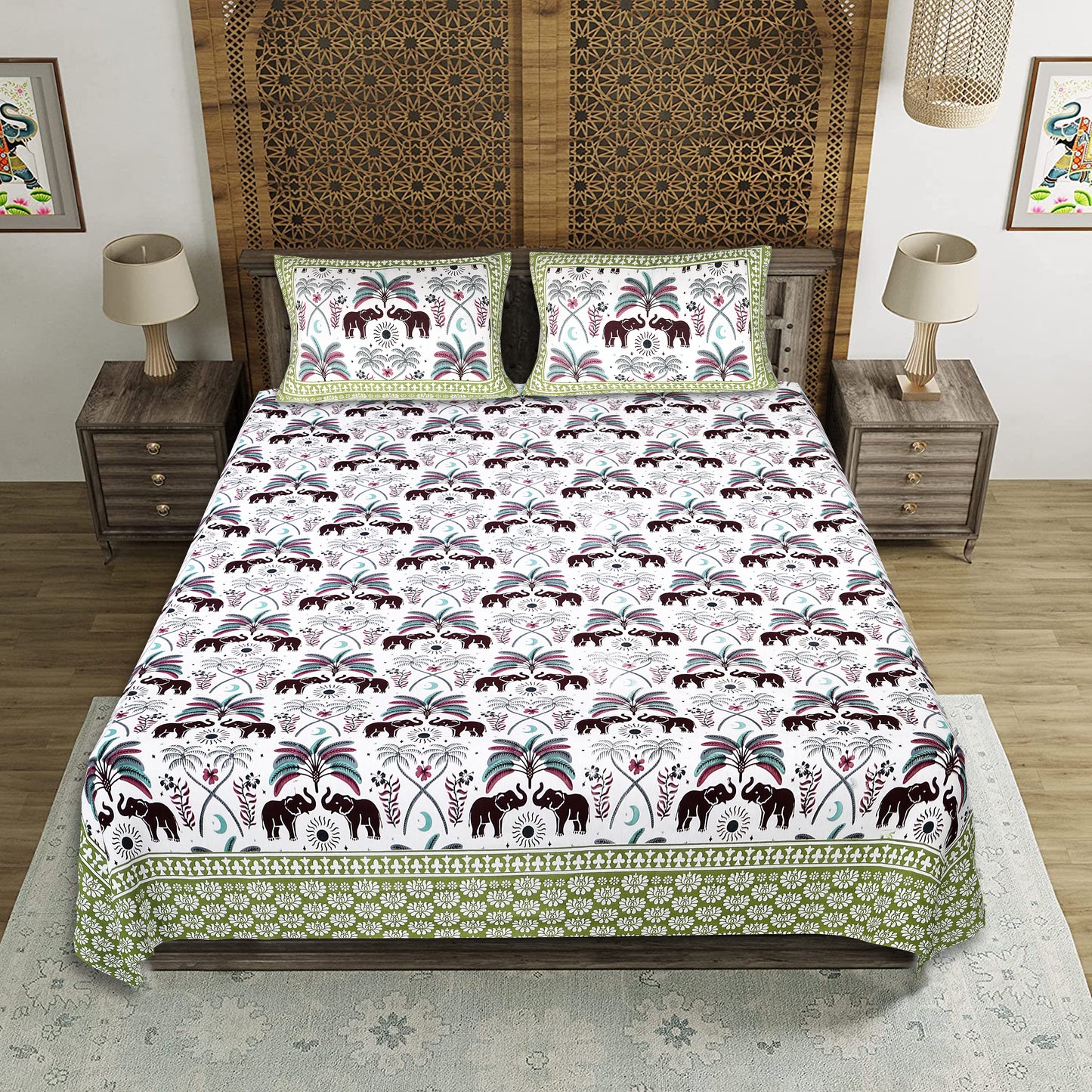 Royal Elephant Parade – Premium Cotton Jaipuri Printed Double Bedsheet with 2 Pillow Covers