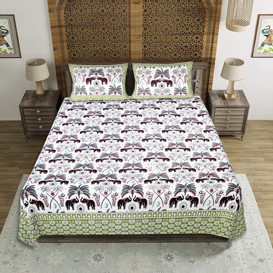 Royal Elephant Parade – Premium Cotton Jaipuri Printed Double Bedsheet with 2 Pillow Covers