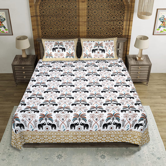 Tribal Tusk – Premium Cotton Jaipuri Printed Double Bedsheet with 2 Pillow Covers