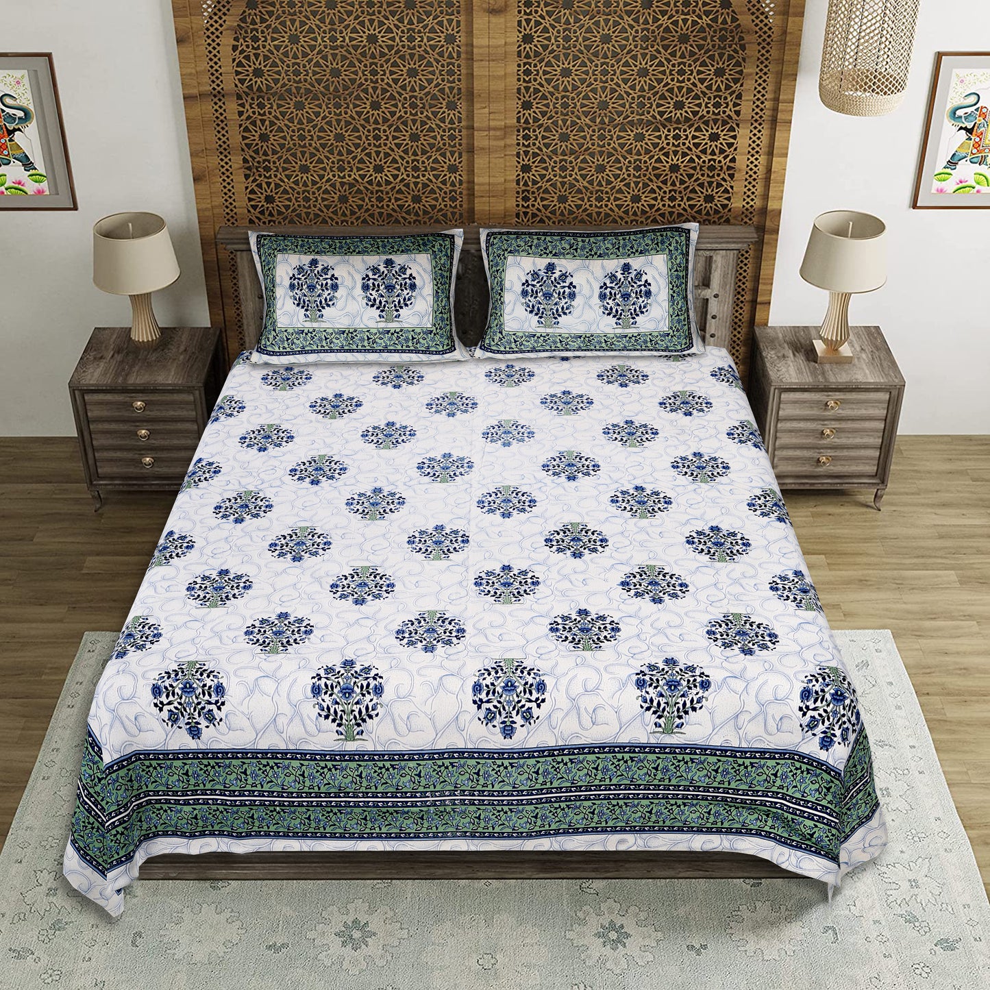 Peacock Pride – Premium Cotton Jaipuri Printed Double Bedsheet with 2 Pillow Covers
