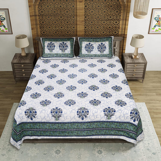 Peacock Pride – Premium Cotton Jaipuri Printed Double Bedsheet with 2 Pillow Covers