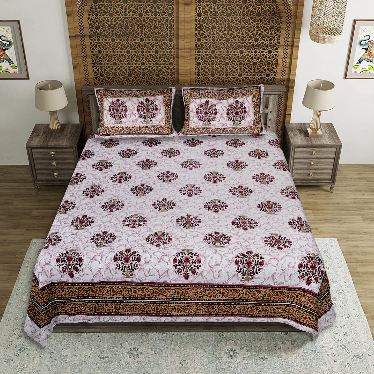 Festive Dream – Premium Cotton Jaipuri Printed Double Bedsheet with 2 Pillow Covers
