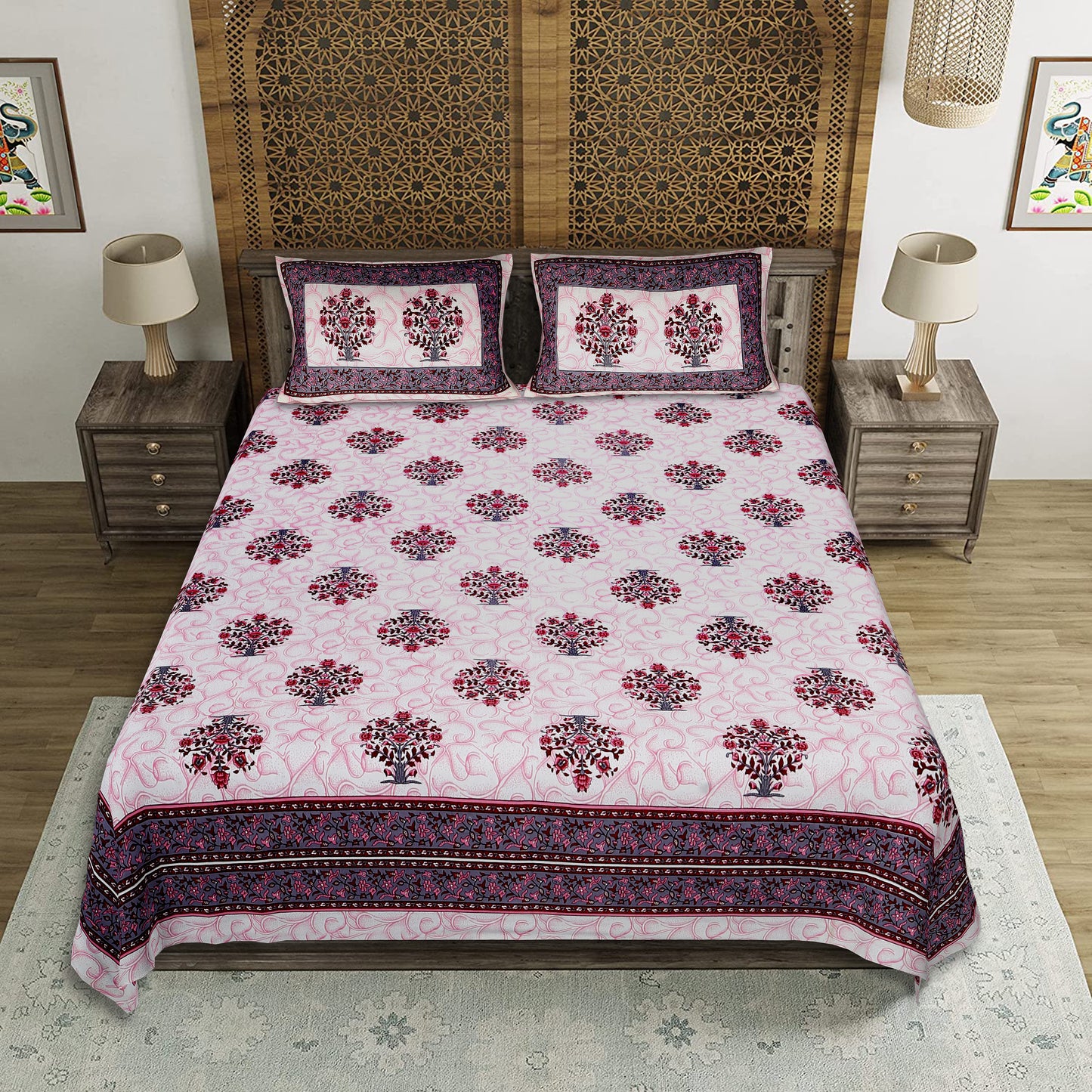 Cultural Comfort – Premium Cotton Jaipuri Printed Double Bedsheet with 2 Pillow Covers