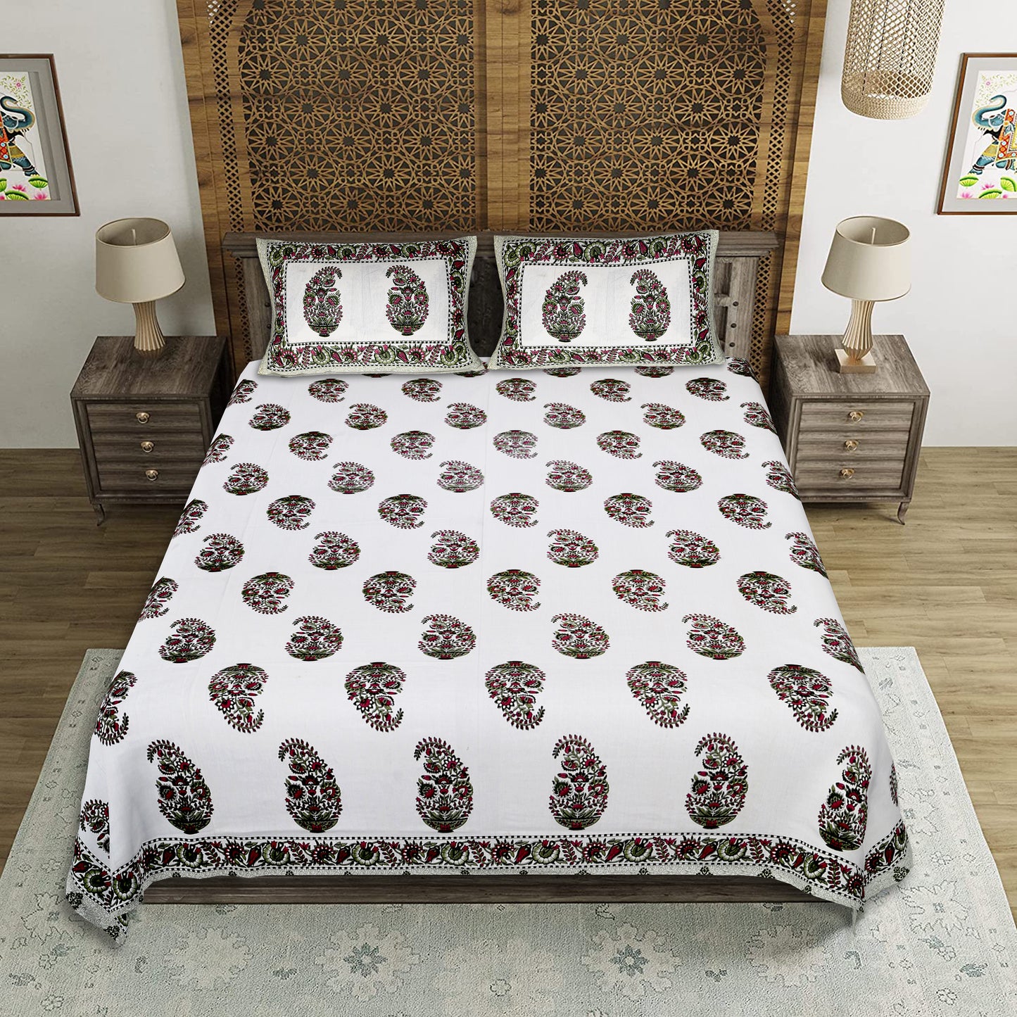 Royal Reverie – Premium Cotton Jaipuri Printed Double Bedsheet with 2 Pillow Covers