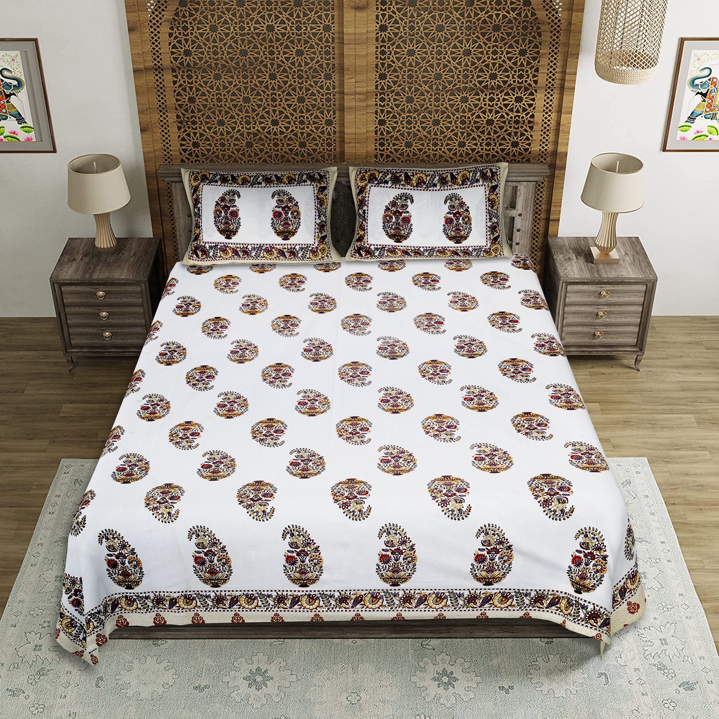 Rajwada Luxe – Premium Cotton Jaipuri Printed Double Bedsheet with 2 Pillow Covers