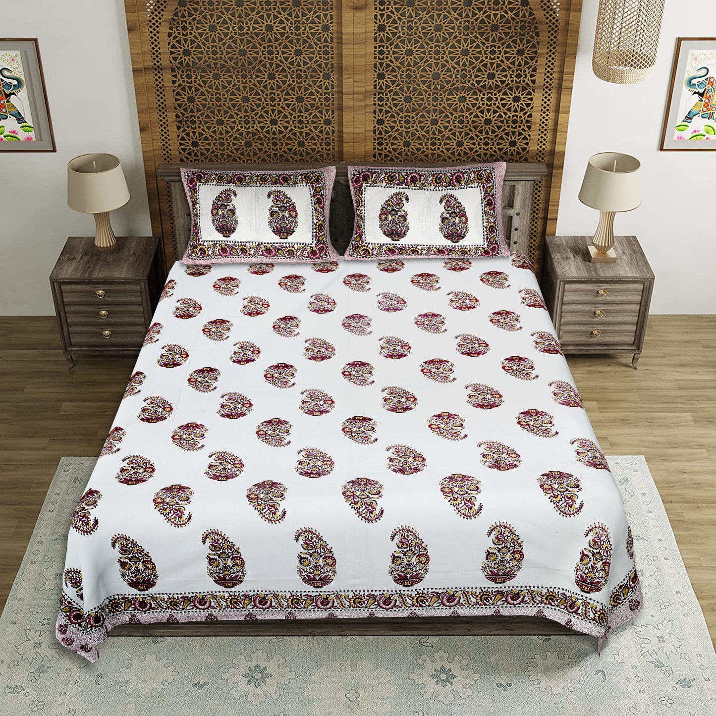 Haveli Charm – Premium Cotton Jaipuri Printed Double Bedsheet with 2 Pillow Covers