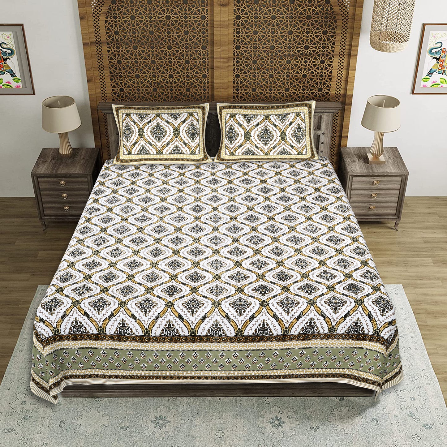 Jasmine Trail – Premium Cotton Jaipuri Printed Double Bedsheet with 2 Pillow Covers