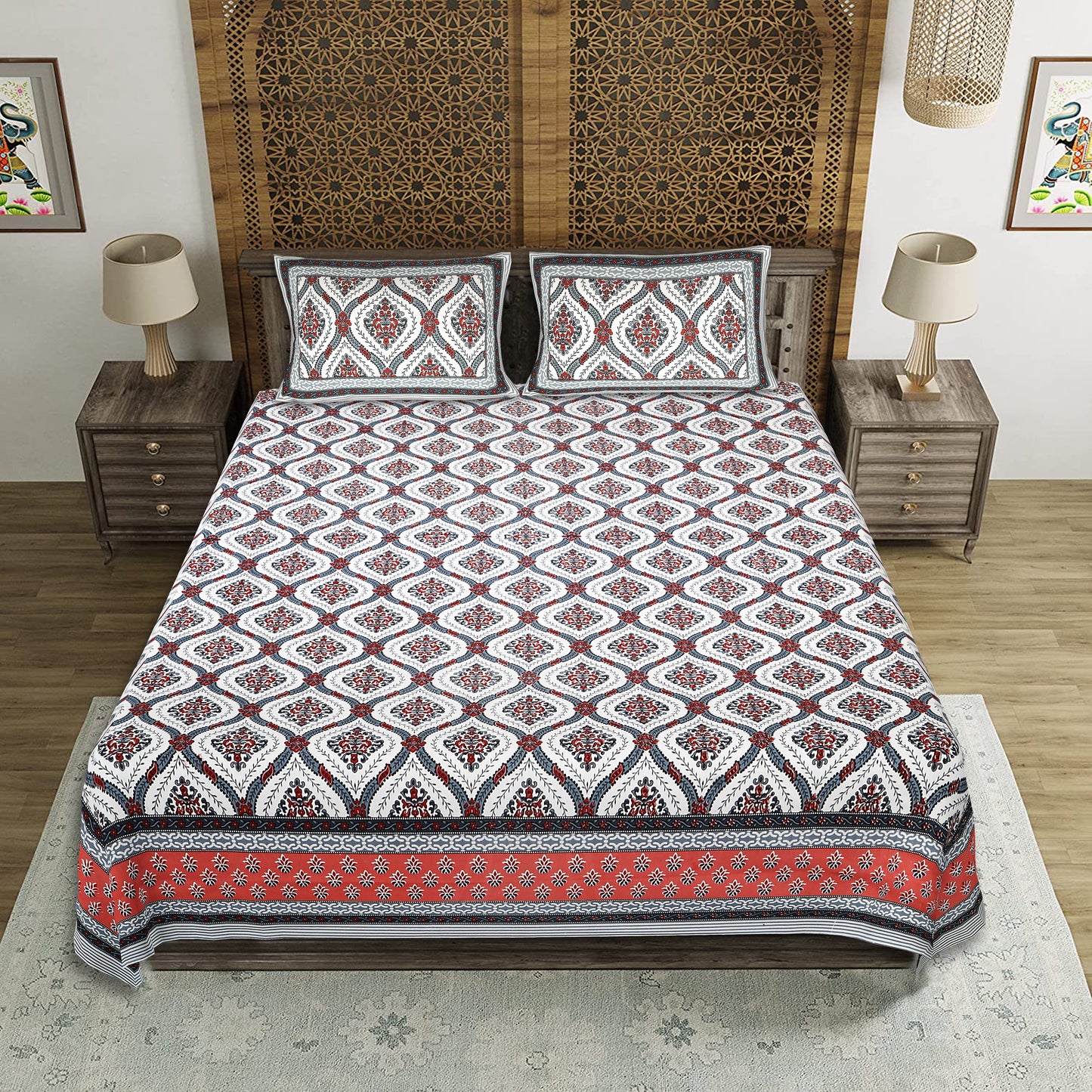 Lotus Charm – Premium Cotton Jaipuri Printed Double Bedsheet with 2 Pillow Covers