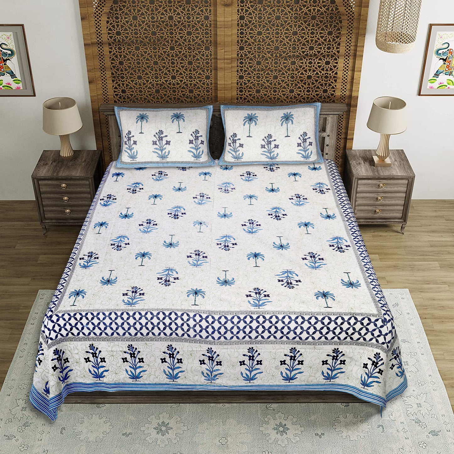 Palm Court – Premium Cotton Jaipuri Printed Double Bedsheet with 2 Pillow Covers