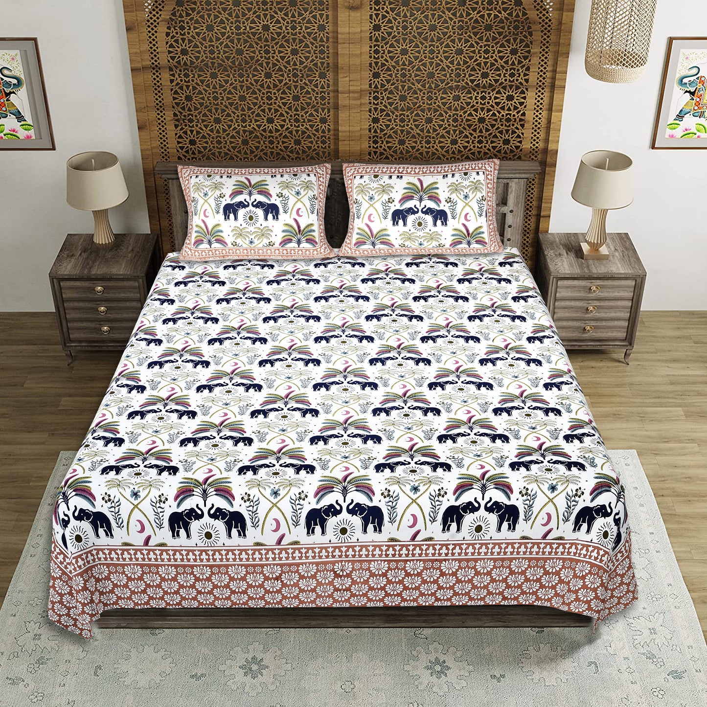 Mystic Mandala Elephant – Premium Cotton Jaipuri Printed Double Bedsheet with 2 Pillow Covers