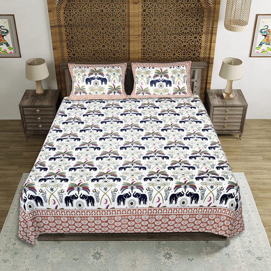 Mystic Mandala Elephant – Premium Cotton Jaipuri Printed Double Bedsheet with 2 Pillow Covers
