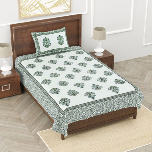 Floral Harmony Sanganeri Single Bedsheet with 1 Pillow Cover Printed Flat Bed Sheet (60" x 90")