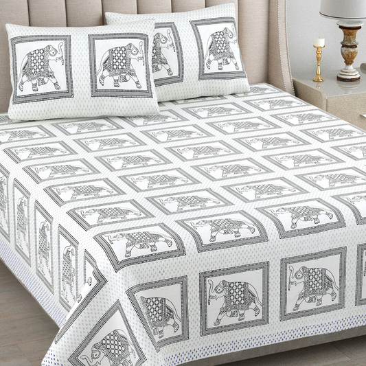 Kalakriti Hathi Darbar Pure Cotton Double Bedsheet with 2 Pillow Covers