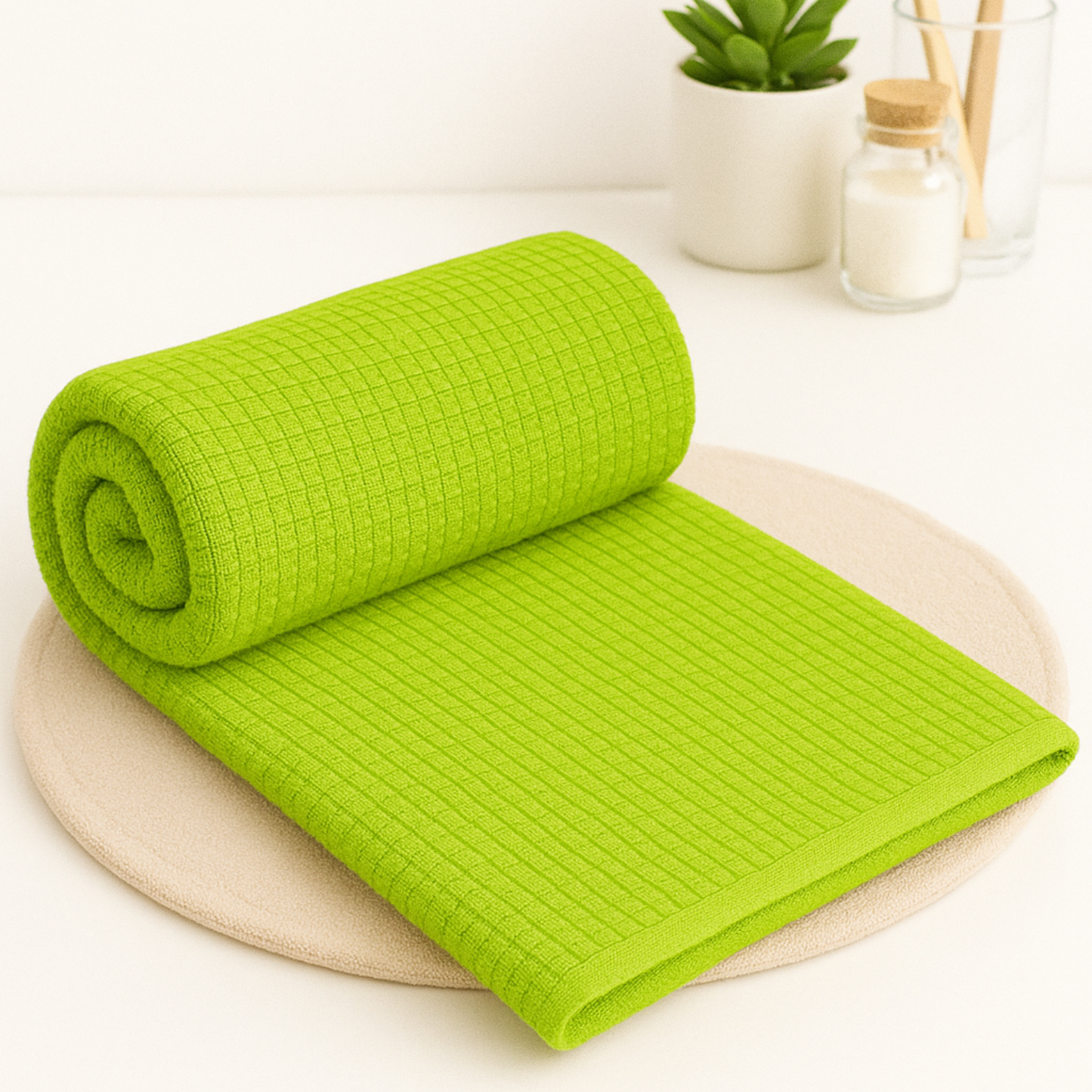Lime Green - Solid Waffle Cotton Soft Towel Set : 1 Bath Towel and 2 Hand Towels