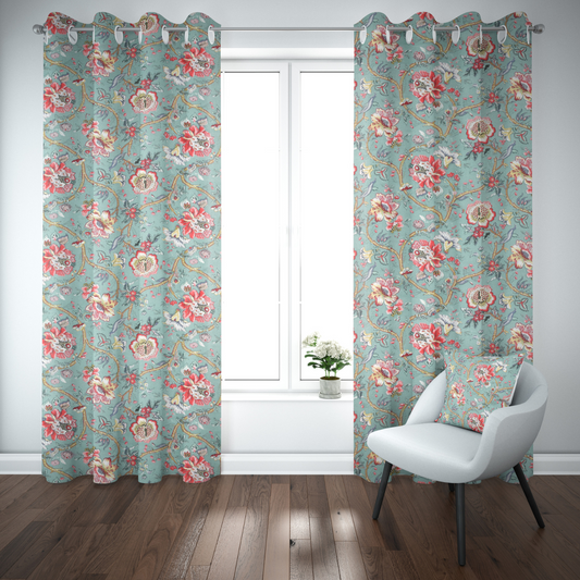 AZURE PETALS ANOKHI HOME WINDOW CURTAIN 9 FEET LONG X 3.75 WIDTH PAIR