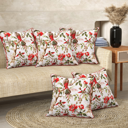 Botanical Birds Anokhi Cotton Cushion Covers - 16x16 Inches