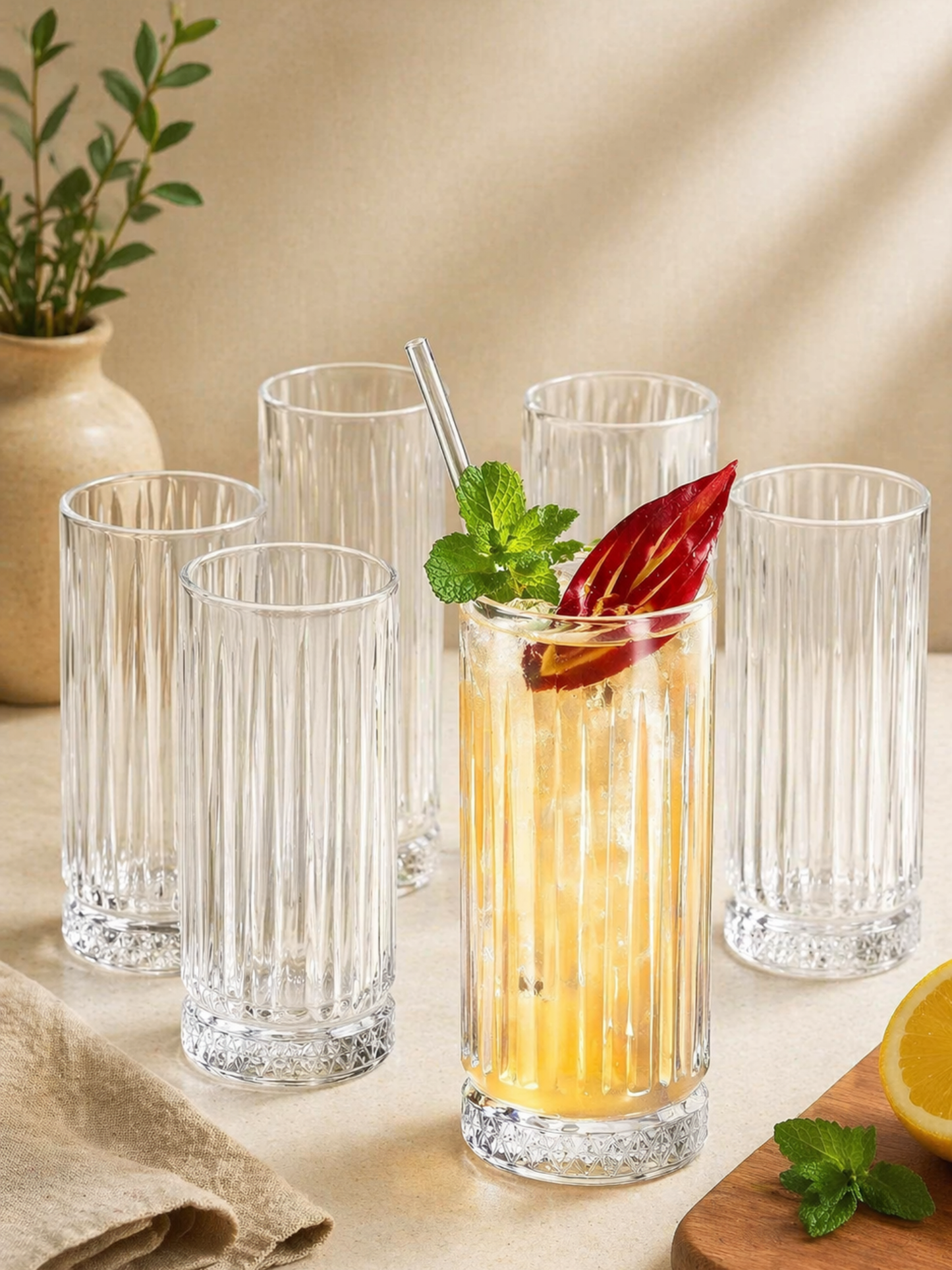 Crystal Tall Ribbed Glass Set Of 6 (435 ML)