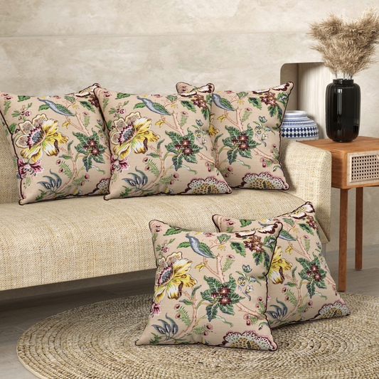 Chirping Florals Anokhi Cotton Cushion Covers - 16x16 Inches