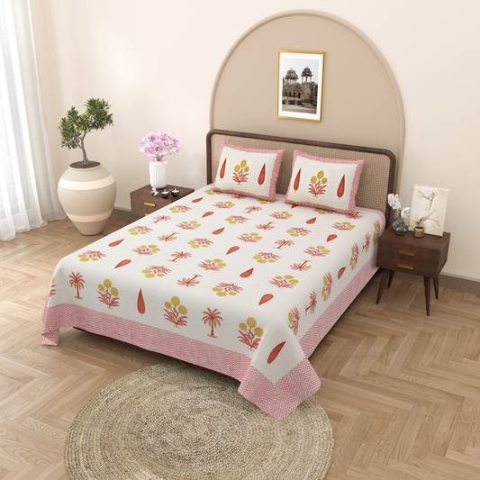 Gulmohar Peach Palms Pure Cotton Double Bedsheet with 2 Pillow Covers
