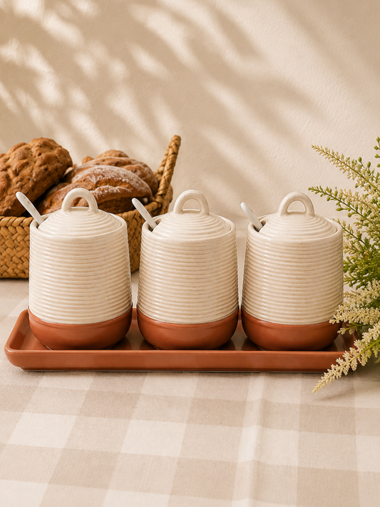 Rustic Harmony Ceramic Pickle Jar Set with Tray (Set of 3)