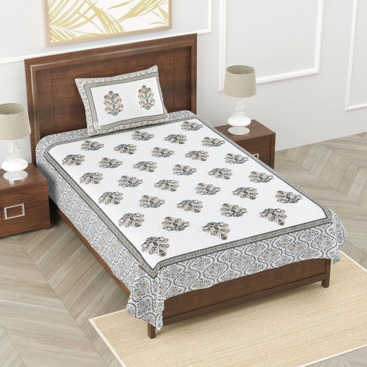 Green Garden Glory Sanganeri Single Bedsheet with 1 Pillow Cover Printed Flat Bed Sheet (60" x 90")