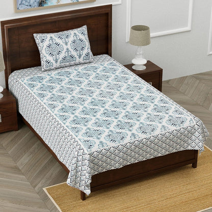 Mughal Motif  Sanganeri Single Bedsheet with 1 Pillow Cover Printed Flat Bed Sheet (60" x 90")