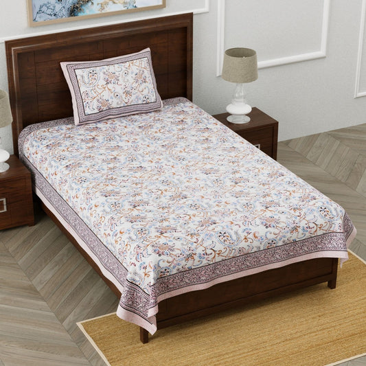 Timeless Traditions Sanganeri Single Bedsheet with 1 Pillow Cover Printed Flat Bed Sheet (60" x 90")