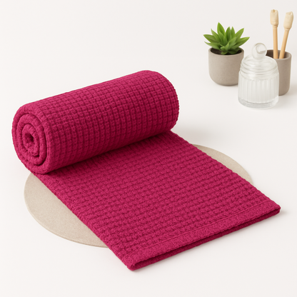 Ruby Pink - Solid Waffle Cotton Soft Towel Set : 1 Bath Towel and 2 Hand Towels