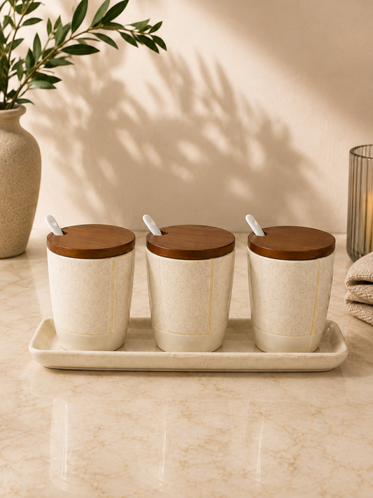 Nordic Grain Ceramic Pickle Jar Set with Tray (Set of 3)