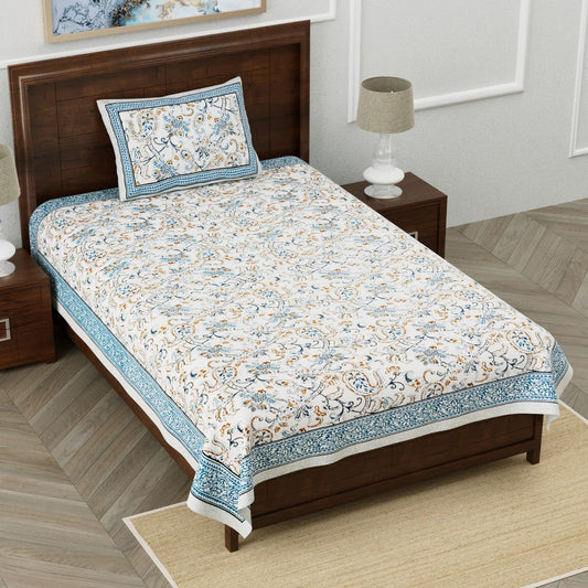 Peacock Breeze Sanganeri Single Bedsheet with 1 Pillow Cover Printed Flat Bed Sheet (60" x 90")