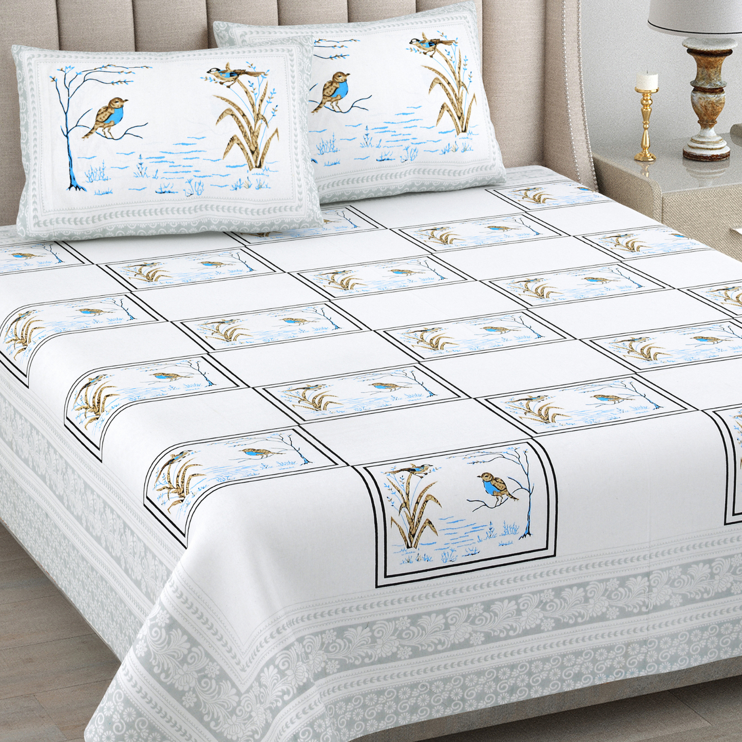 Kalakriti Chirping Dreams Pure Cotton Double Bedsheet with 2 Pillow Covers