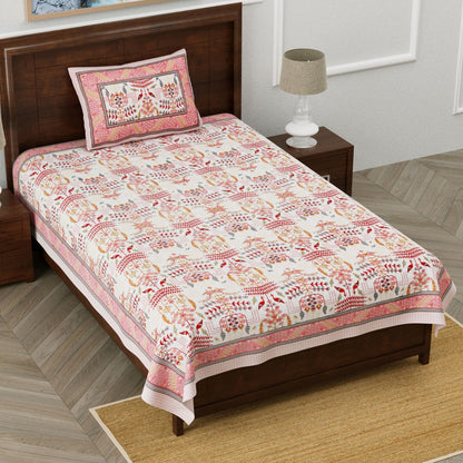 Pastel Serenity Sanganeri Single Bedsheet with 1 Pillow Cover Printed Flat Bed Sheet (60" x 90")