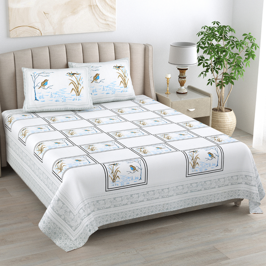 Kalakriti Chirping Dreams Pure Cotton Double Bedsheet with 2 Pillow Covers