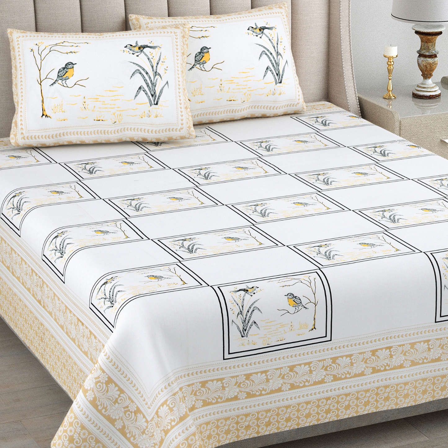 Kalakriti Sparrow Sketch Pure Cotton Double Bedsheet with 2 Pillow Covers