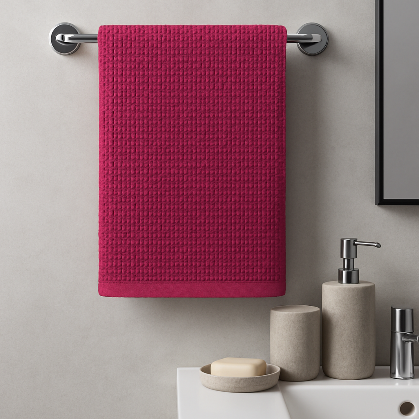 Ruby Pink - Solid Waffle Cotton Soft Towel Set : 1 Bath Towel and 2 Hand Towels