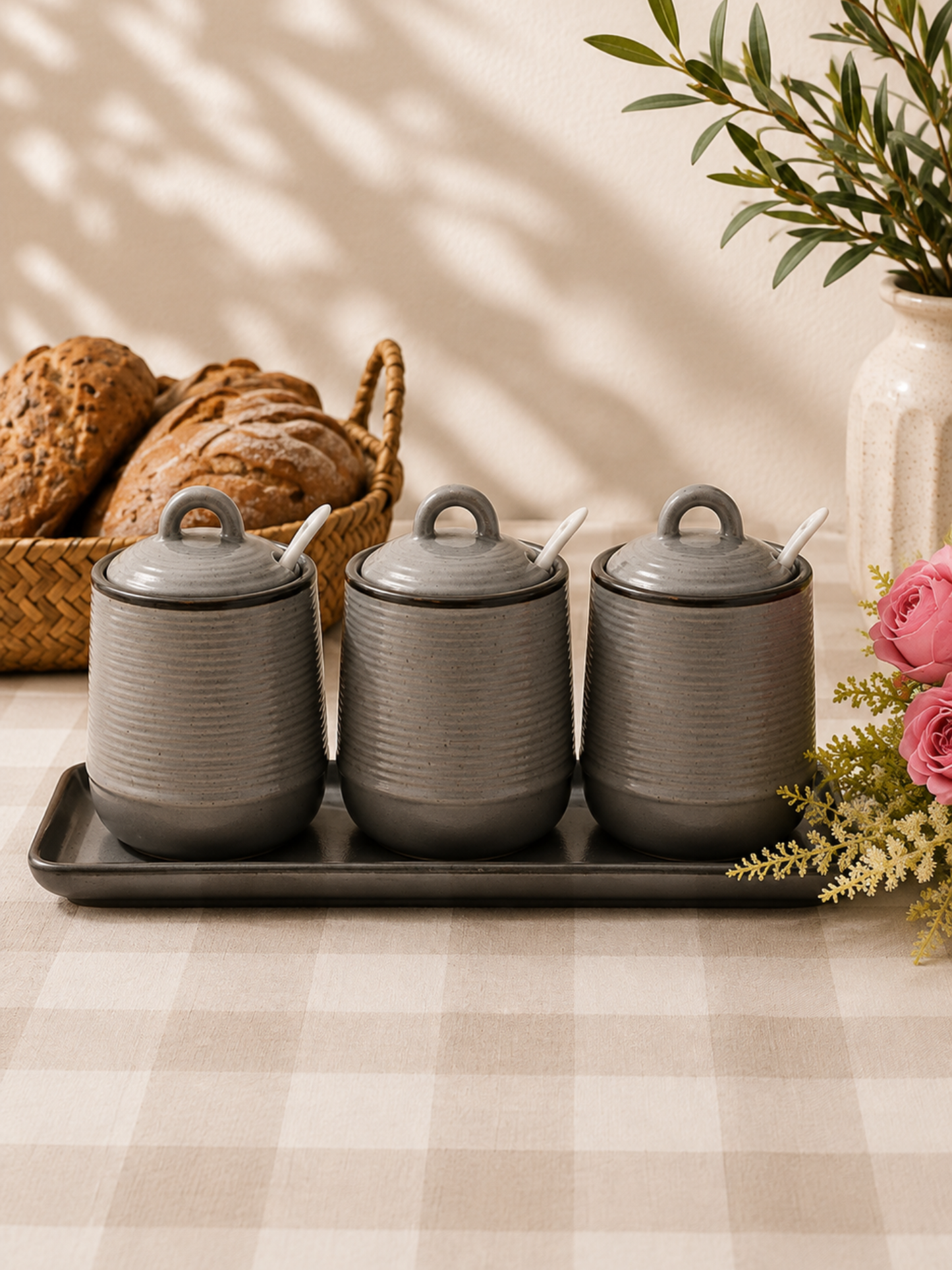 Midnight Ridge Ceramic Pickle Jar Set with Tray (Set of 3)