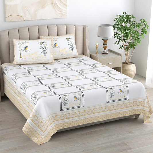 Kalakriti Sparrow Sketch Pure Cotton Double Bedsheet with 2 Pillow Covers
