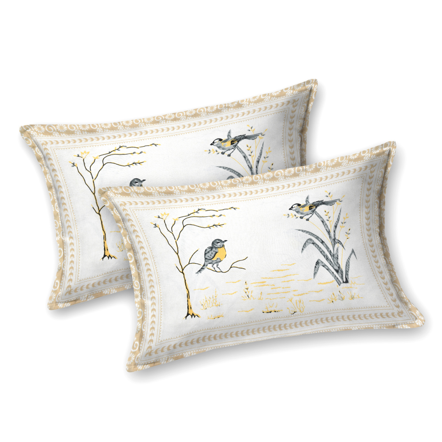Kalakriti Sparrow Sketch Pure Cotton Double Bedsheet with 2 Pillow Covers