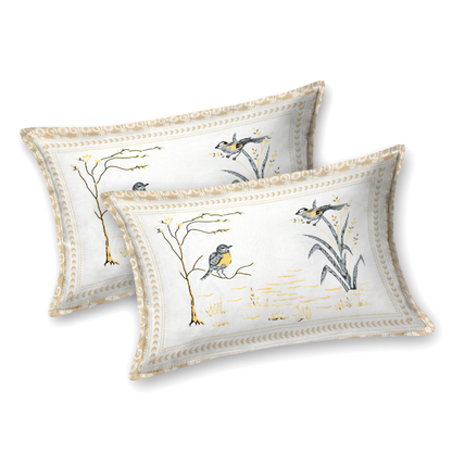 Kalakriti Sparrow Sketch Pure Cotton Double Bedsheet with 2 Pillow Covers