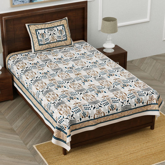 Classic Charisma Sanganeri Single Bedsheet with 1 Pillow Cover Printed Flat Bed Sheet (60" x 90")