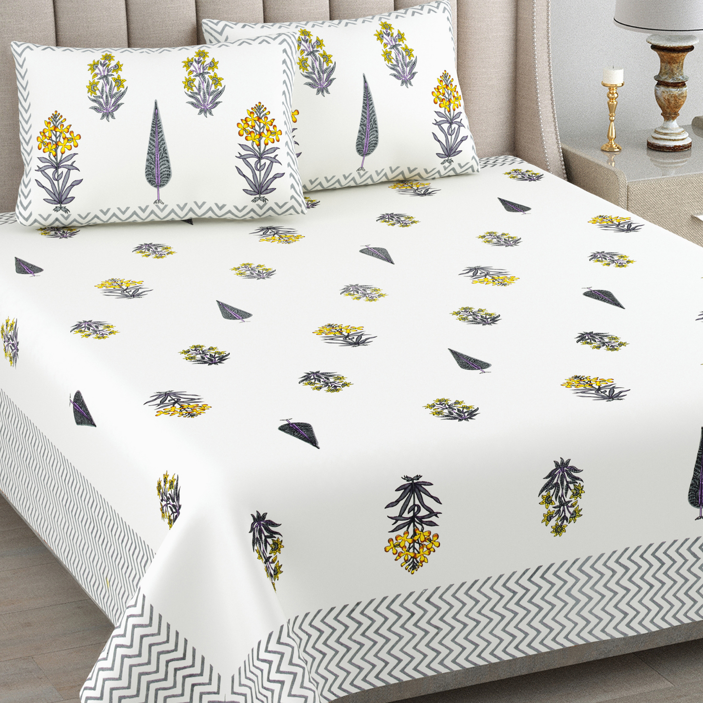 Kalakriti Sunleaf Whisper Pure Cotton Double Bedsheet with 2 Pillow Covers