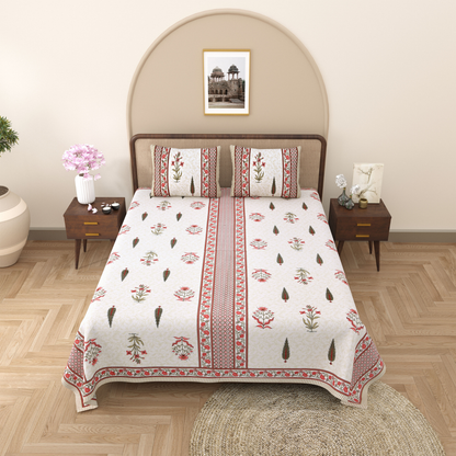 Gulmohar Madhubani Mist Pure Cotton Double Bedsheet with 2 Pillow Covers